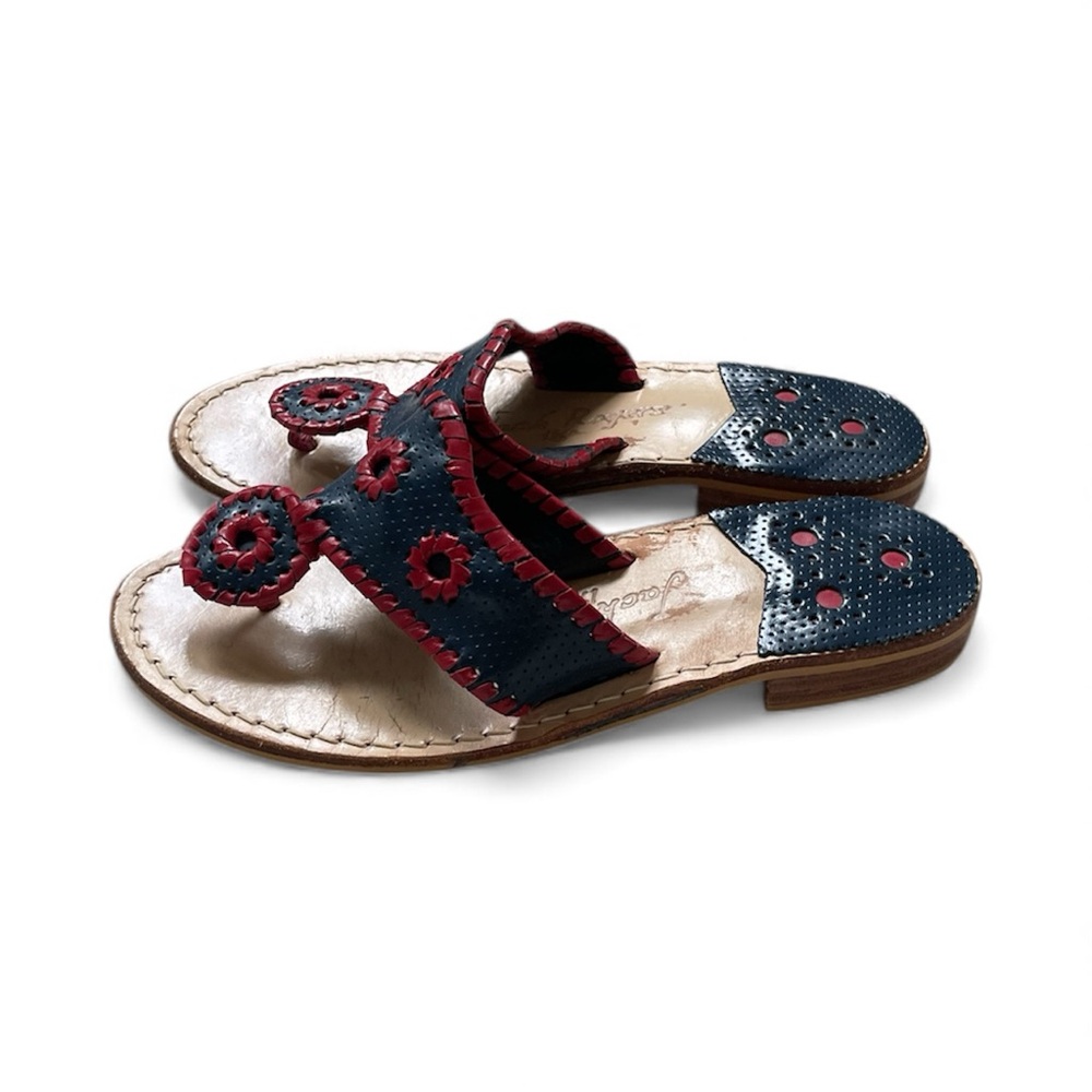 Jack Rogers Navy Women's Navajo Sandals with Red Whipstitch Details, Sz 6